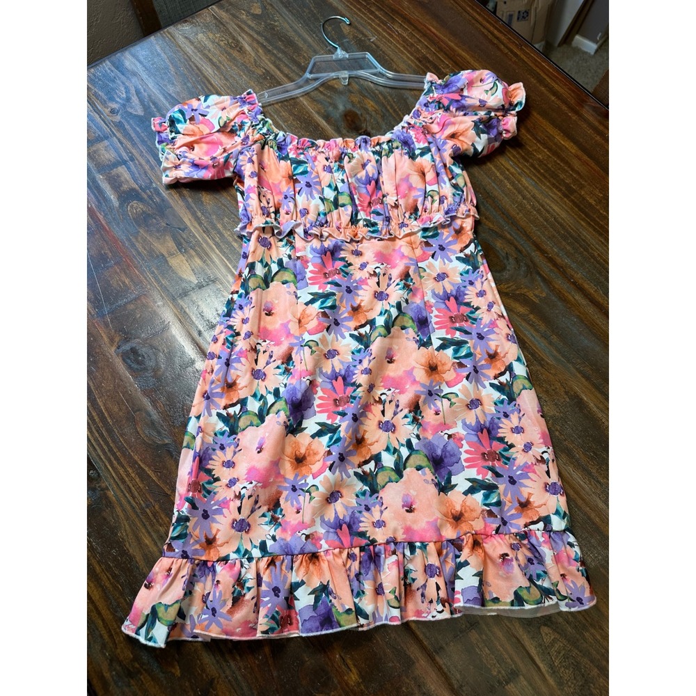 PrettyLittleThing Multi Floral Ruched Cup Frill Hem Bodycon Mini Dress US 2 NWT